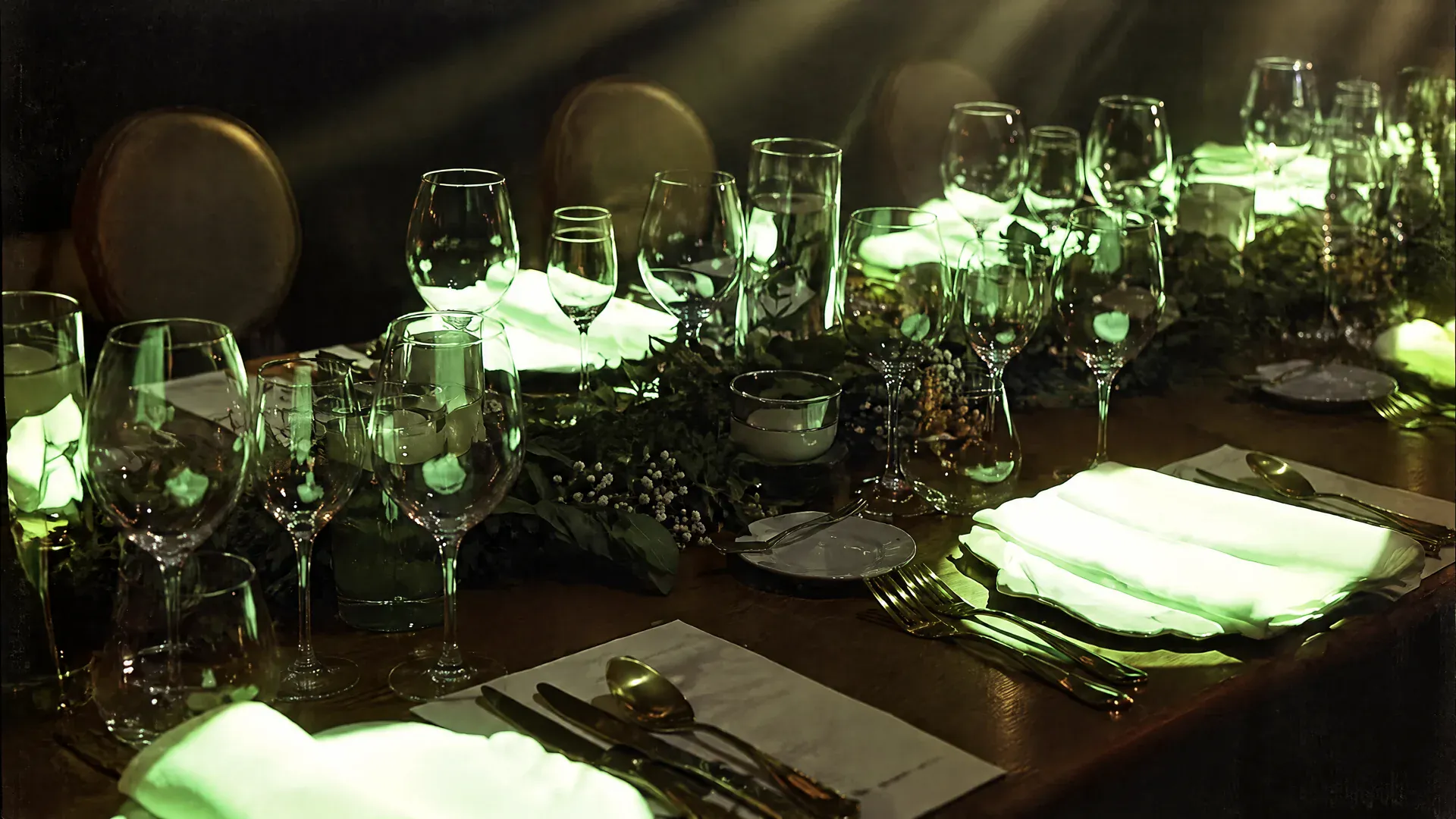 Mesa de fiesta iluminada por proyección, copas y velas