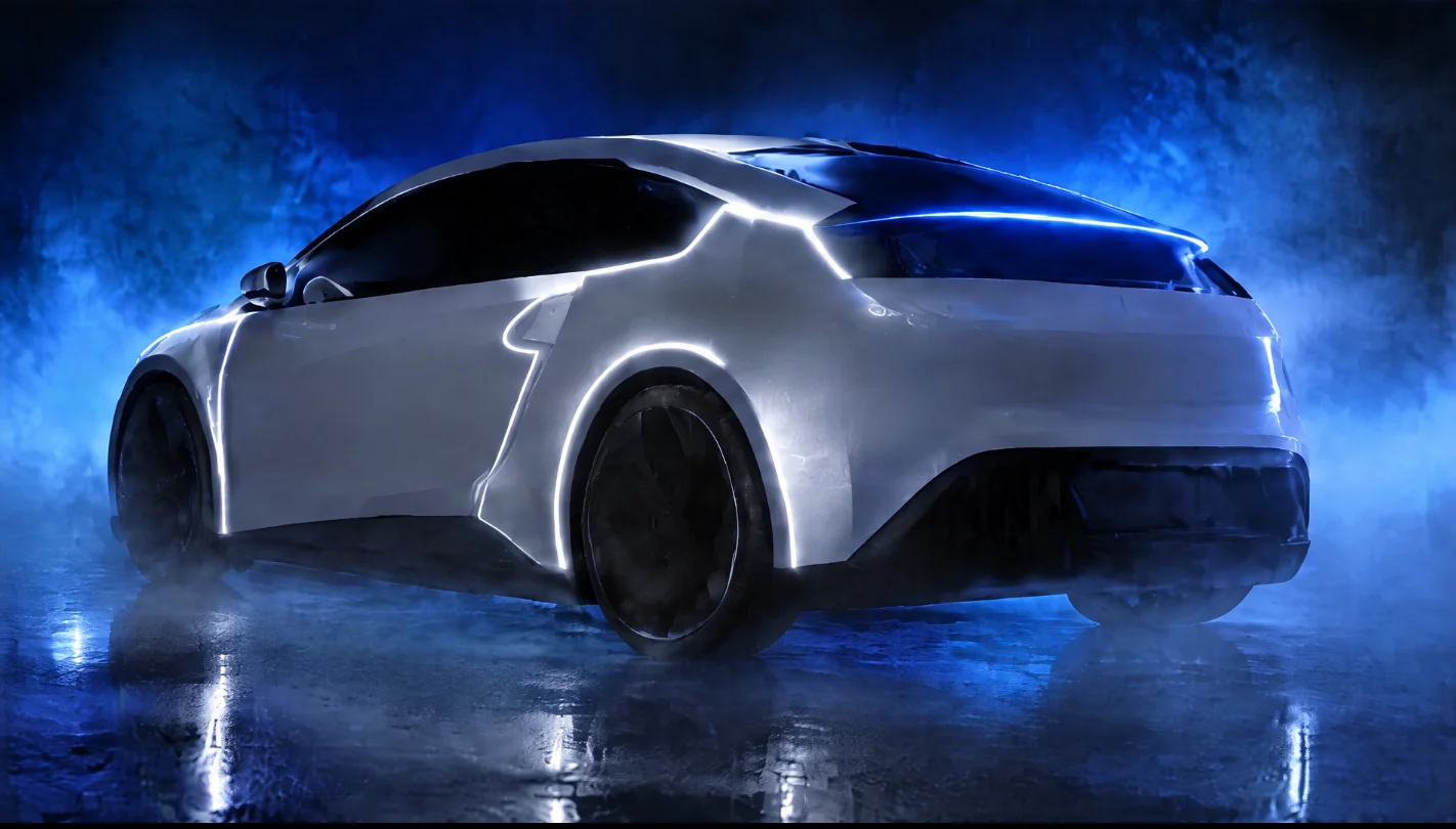 Auto blanco con contorno de luz azul y humo proyectado sobre el piso
