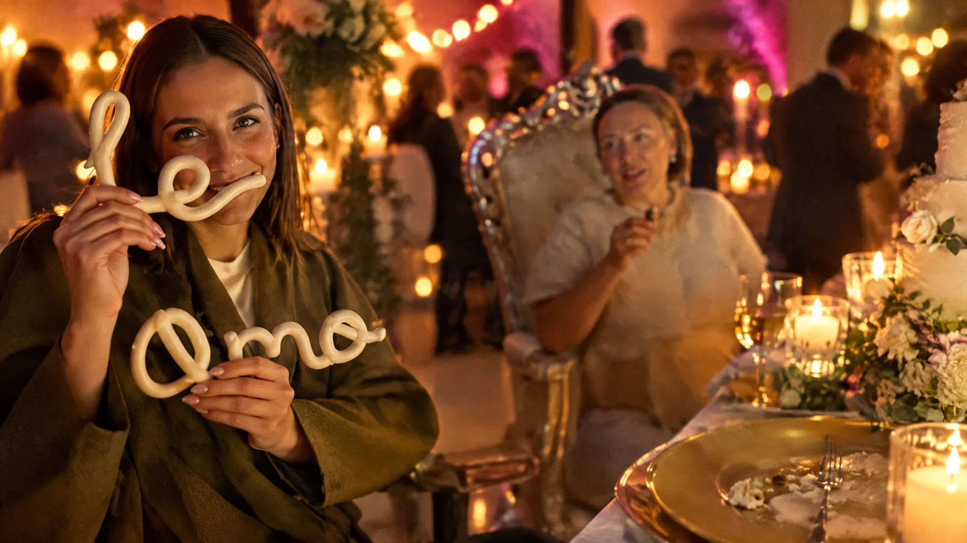 Mesa de boda con letras de pan y globos de luz proyectados